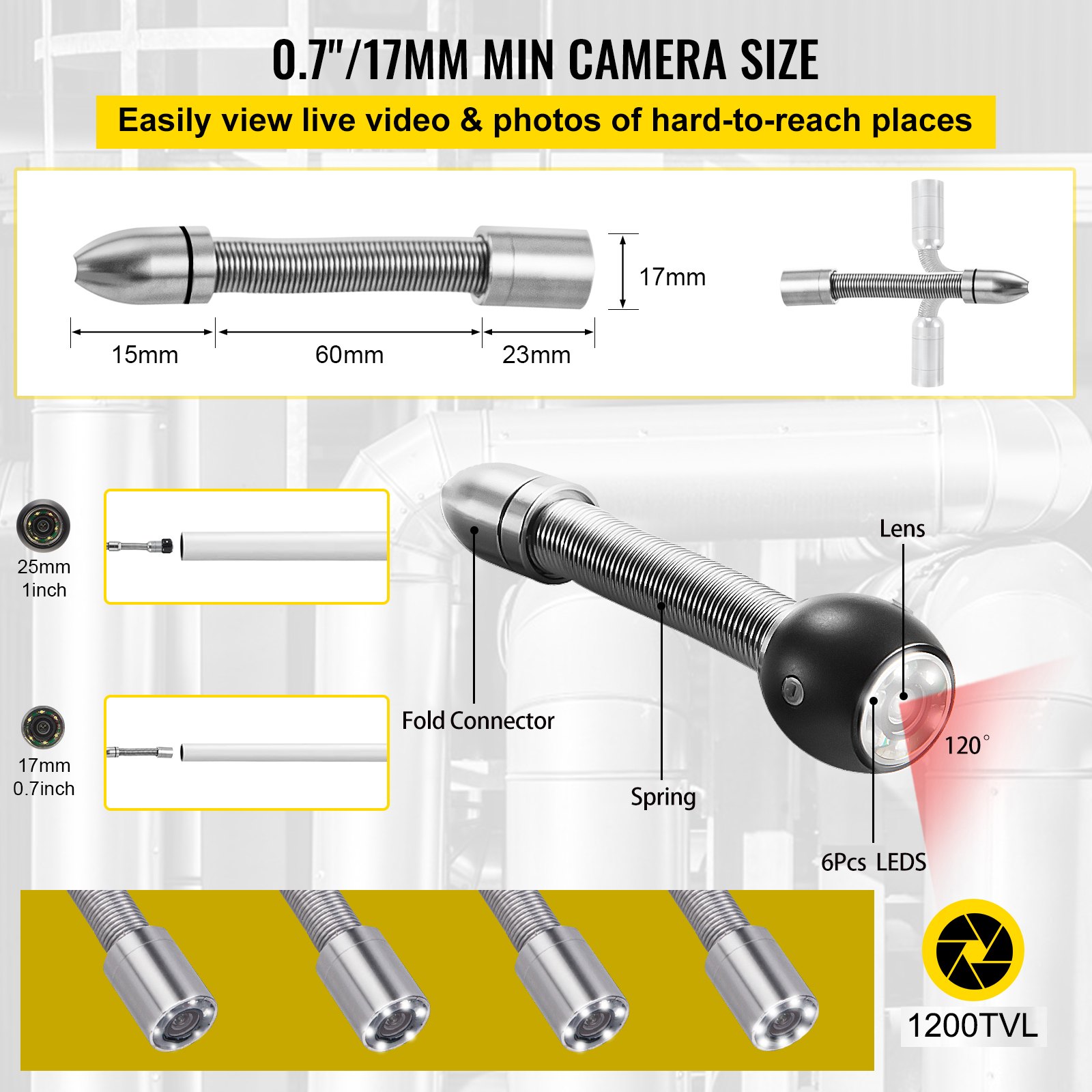 Cámara de alcantarillado VEVOR con lente de 17 mm, conector plegable y 6 leds para inspección de tuberías.