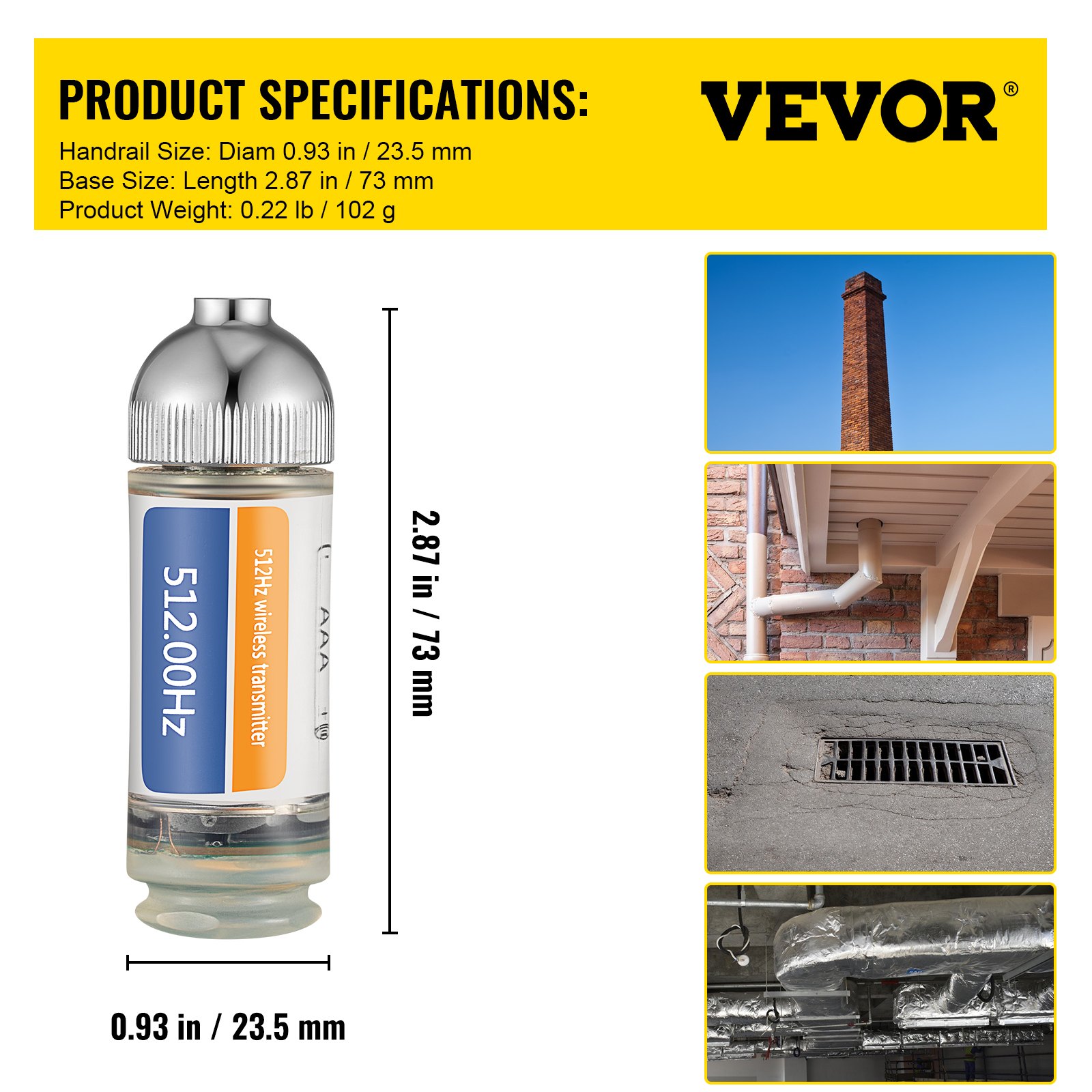 Localizador de drenaje VEVOR, transmisor inalámbrico de 512 Hz con especificaciones y aplicaciones del producto.