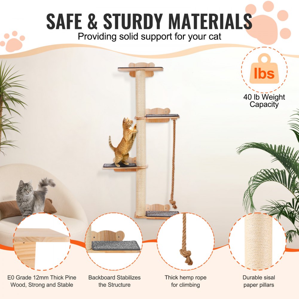 Árbol para gatos alto de 4 niveles VEVOR, juego de muebles de pared para gatos con 4 tablas para saltar, estante flotante de pared para gatos de hasta 18 kg, percha de madera de pino de 12 mm para dormir, jugar y trepar.