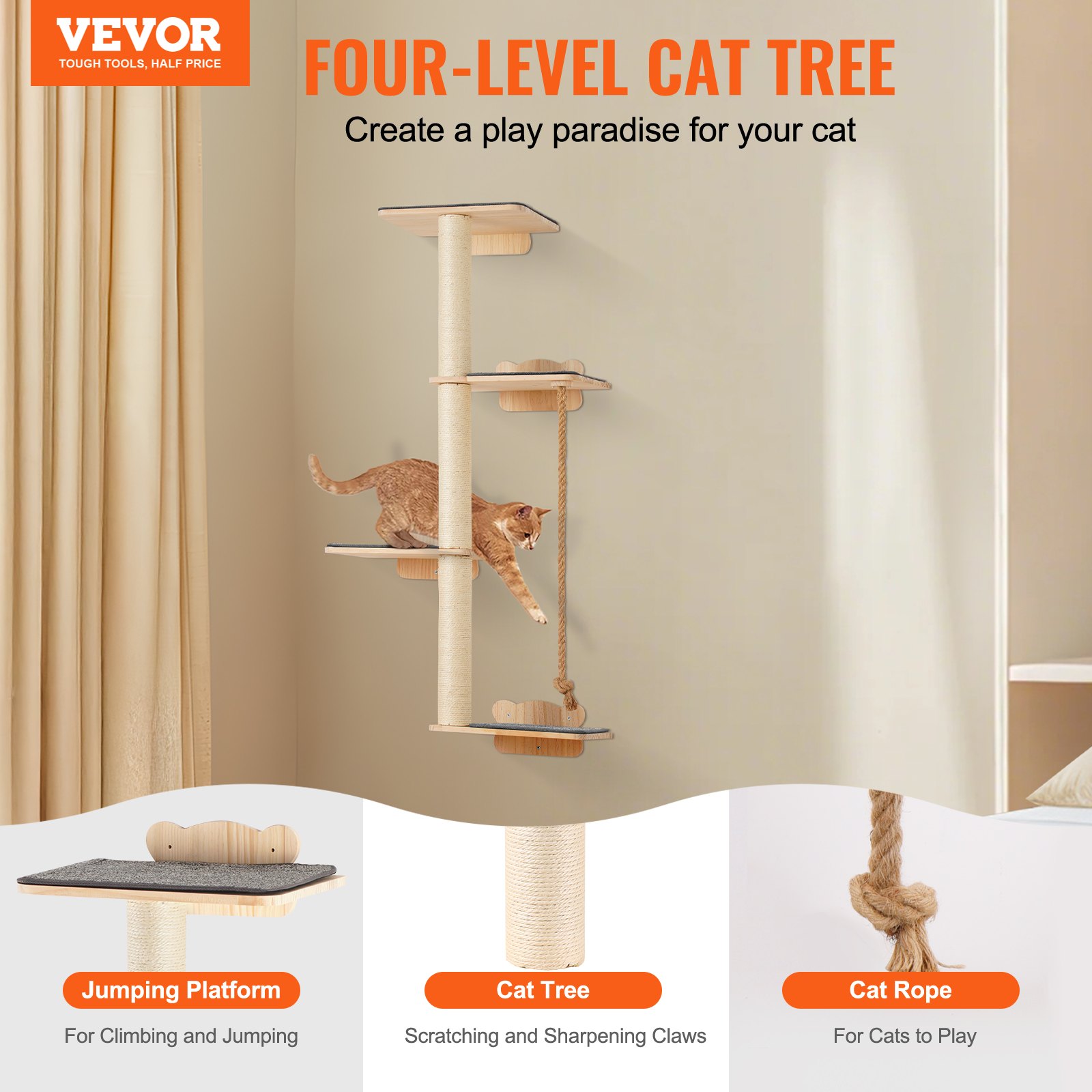 Árbol para gatos alto de 4 niveles VEVOR, juego de muebles de pared para gatos con 4 tablas para saltar, estante flotante de pared para gatos de hasta 18 kg, percha de madera de pino de 12 mm para dormir, jugar y trepar.
