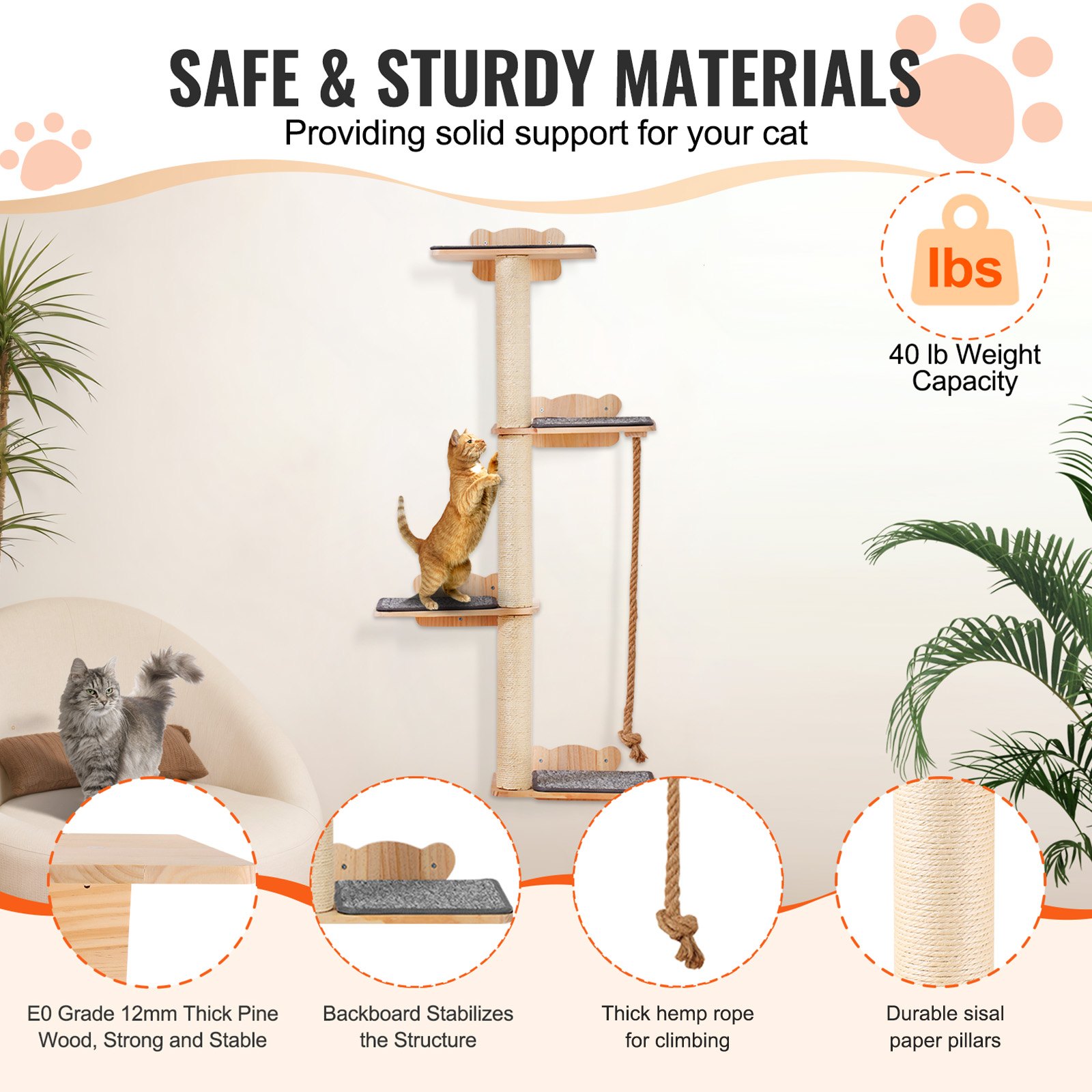 Árbol para gatos alto de 4 niveles VEVOR, juego de muebles de pared para gatos con 4 tablas para saltar, estante flotante de pared para gatos de hasta 18 kg, percha de madera de pino de 12 mm para dormir, jugar y trepar.
