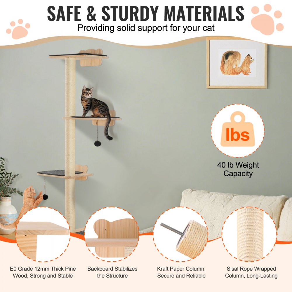 Árbol para gatos de 4 niveles VEVOR, juego de muebles de pared para gatos con 4 tablas de salto, estante flotante de pared para gatos de hasta 18 kg, percha de madera de pino de 12 mm para dormir, jugar y trepar.