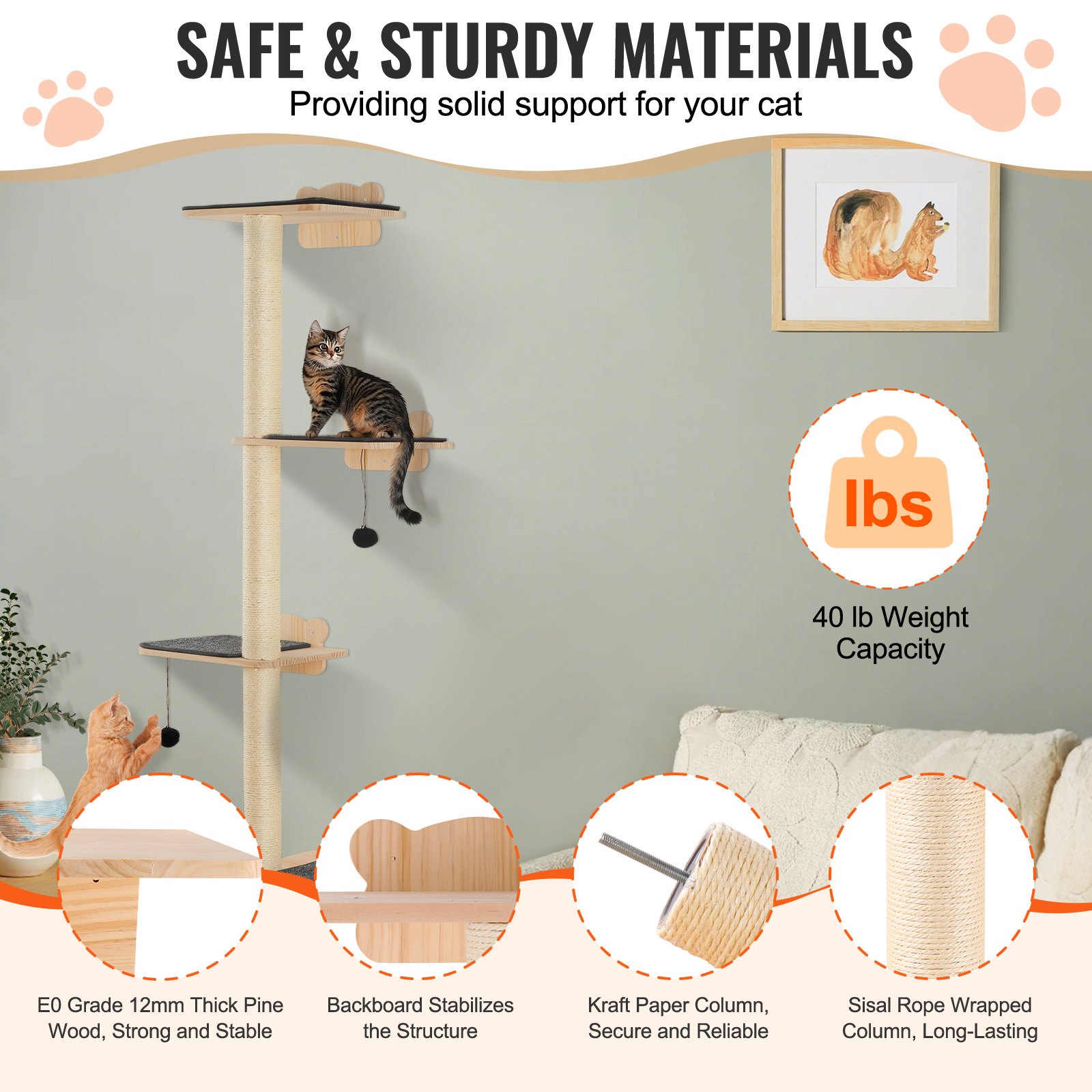 Árbol para gatos de 4 niveles VEVOR, juego de muebles de pared para gatos con 4 tablas de salto, estante flotante de pared para gatos de hasta 18 kg, percha de madera de pino de 12 mm para dormir, jugar y trepar.