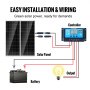 Kit de panel solar monocristalino VEVOR con paneles solares, controlador de carga, batería y diagrama de cableado.