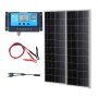 Kit de panel solar monocristalino VEVOR con controlador de carga, cables y conectores.