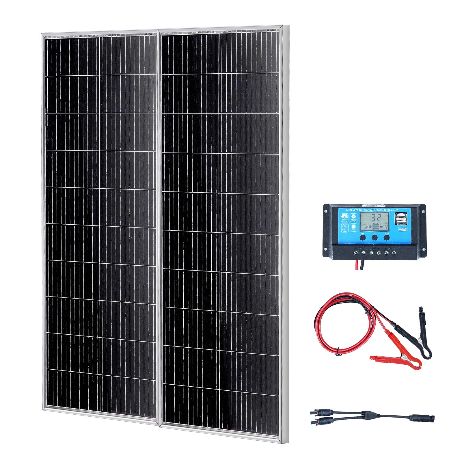 VEVOR Kit de panel solar monocristalino de 200 W, 2 paneles solares monocristalinos + controlador de carga, módulo fotovoltaico monocristalino de alta eficiencia 23 %, IP68 impermeable para camping, RV, barco, sistema fuera de la red