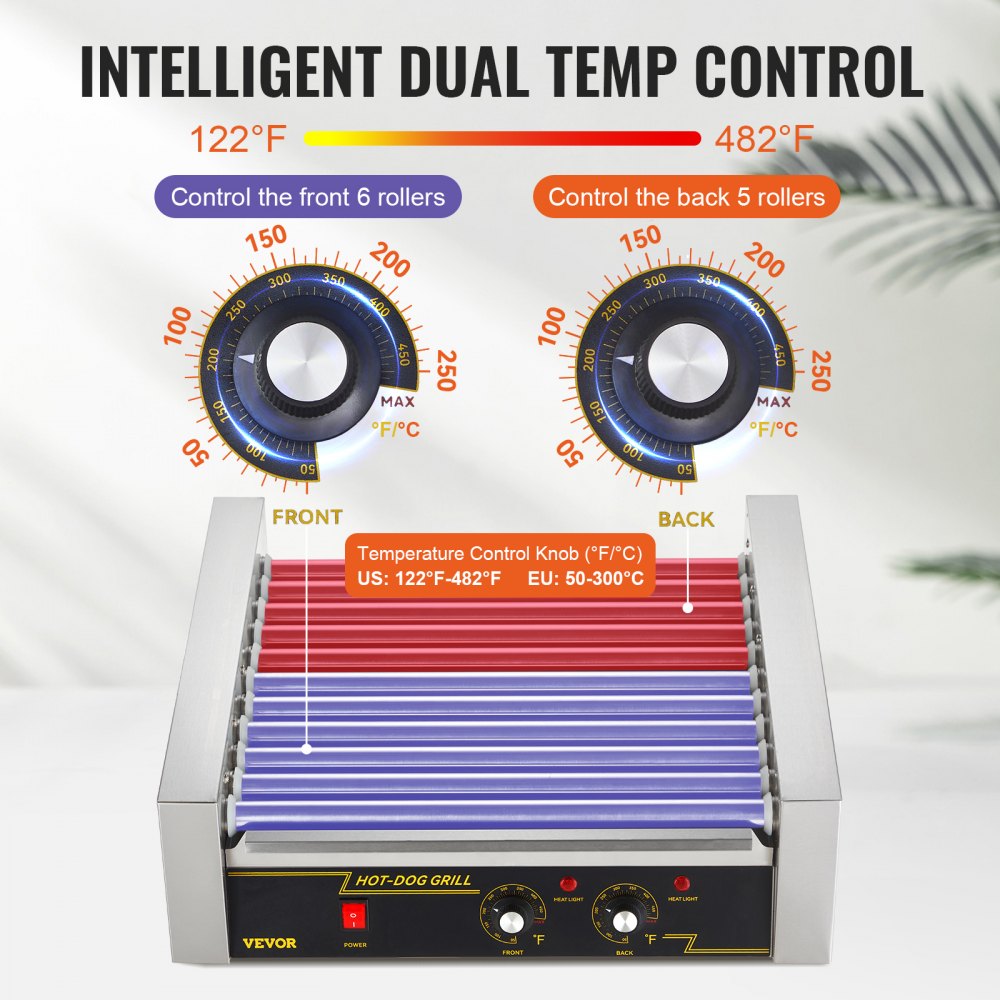 Rodillo para salchichas VEVOR, 11 rodillos, capacidad para 30 salchichas, máquina para cocinar salchichas a la parrilla de acero inoxidable de 1650 W con control de temperatura dual, cubierta de vidrio, estante para calentar panecillos, bandeja de goteo extraíble, certificación ETL