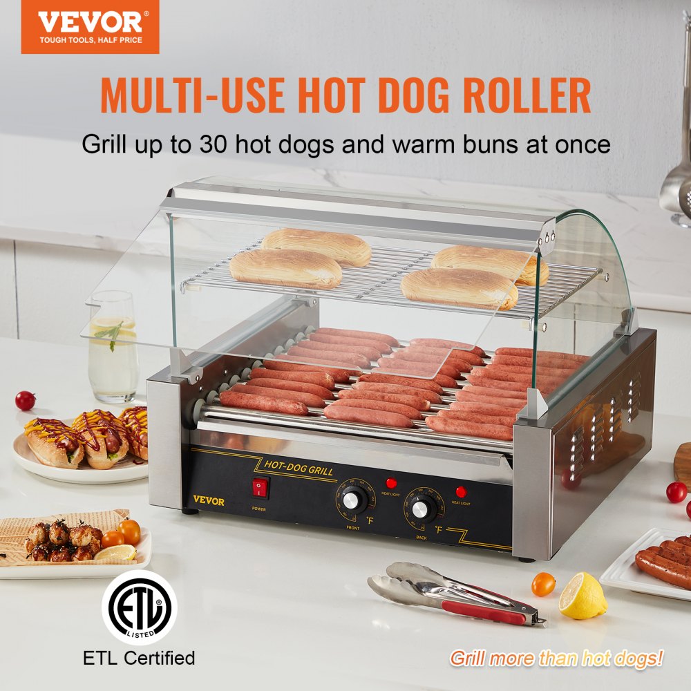 Rodillo para salchichas VEVOR, 11 rodillos, capacidad para 30 salchichas, máquina para cocinar salchichas a la parrilla de acero inoxidable de 1650 W con control de temperatura dual, cubierta de vidrio, estante para calentar panecillos, bandeja de goteo extraíble, certificación ETL