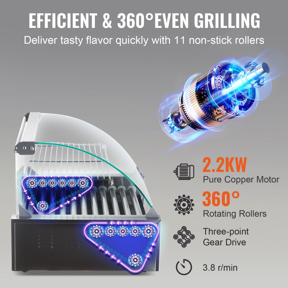 Rodillo para salchichas VEVOR, 11 rodillos, capacidad para 30 salchichas, máquina para cocinar salchichas a la parrilla de acero inoxidable de 1650 W con control de temperatura dual, cubierta de vidrio, estante para calentar panecillos, bandeja de goteo extraíble, certificación ETL