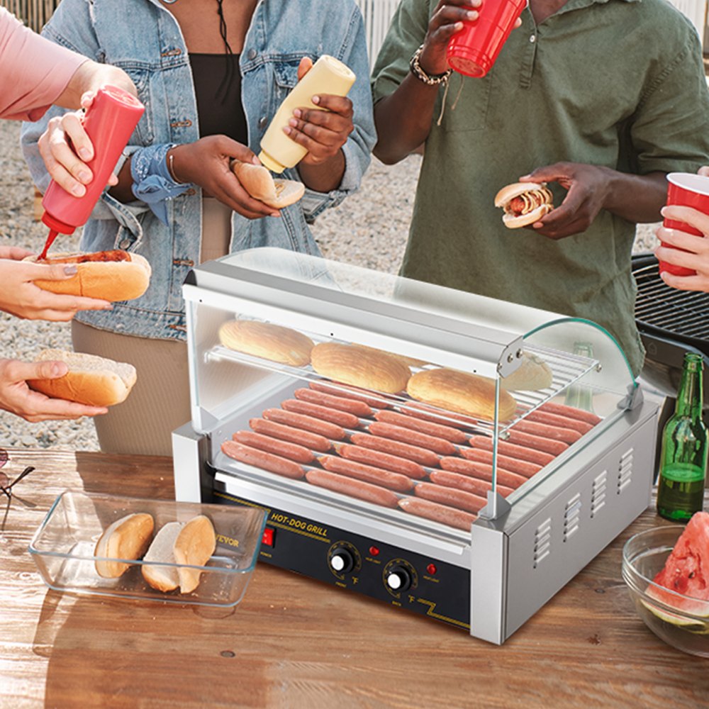 Rodillo para salchichas VEVOR, 11 rodillos, capacidad para 30 salchichas, máquina para cocinar salchichas a la parrilla de acero inoxidable de 1650 W con control de temperatura dual, cubierta de vidrio, estante para calentar panecillos, bandeja de goteo extraíble, certificación ETL