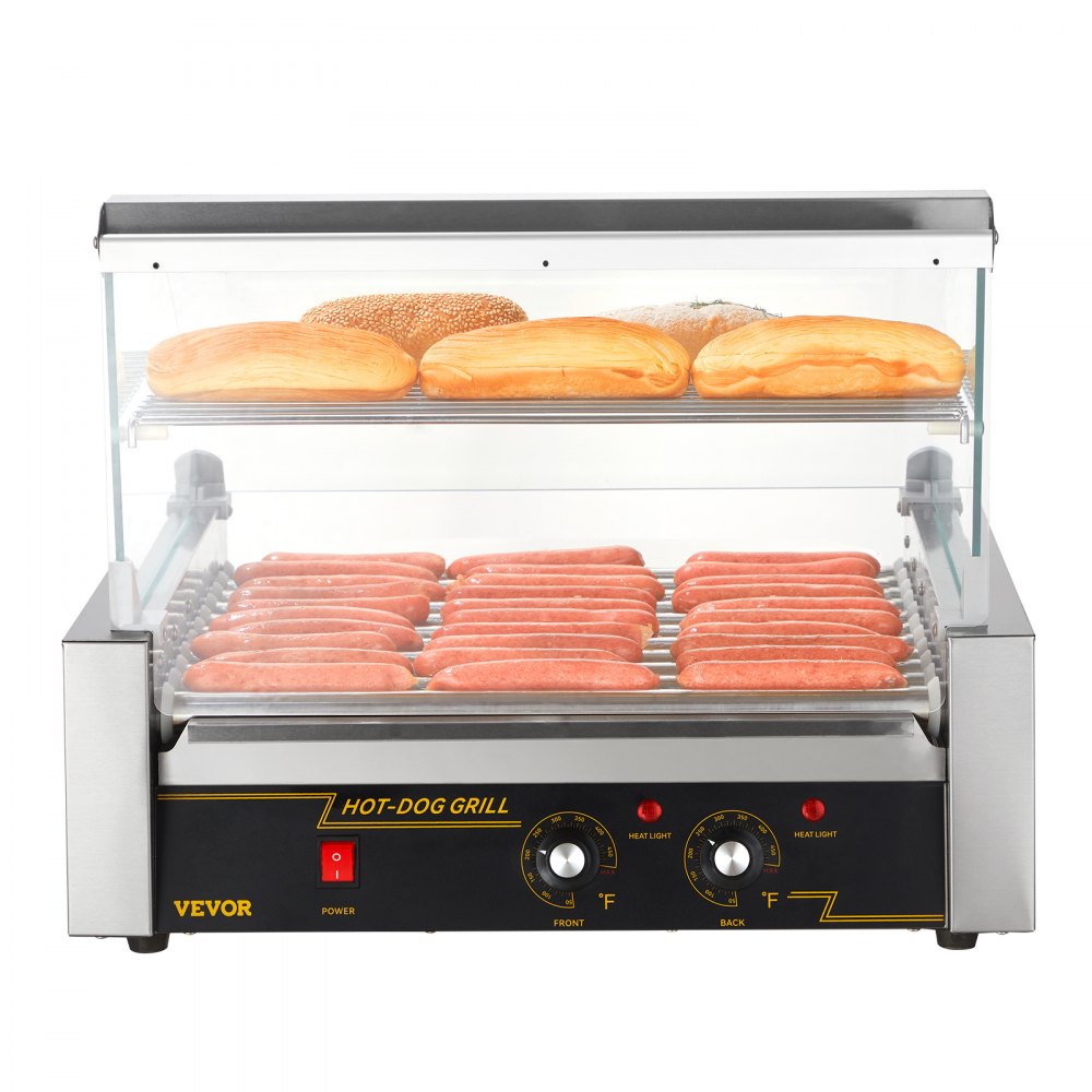 Rodillo para salchichas VEVOR, 11 rodillos, capacidad para 30 salchichas, máquina para cocinar salchichas a la parrilla de acero inoxidable de 1650 W con control de temperatura dual, cubierta de vidrio, estante para calentar panecillos, bandeja de goteo extraíble, certificación ETL