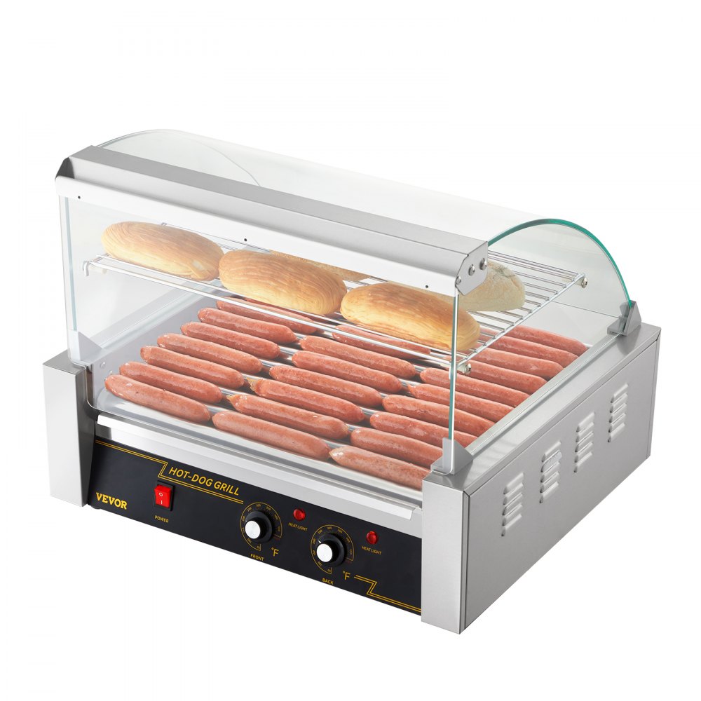 Rodillo para salchichas VEVOR, 11 rodillos, capacidad para 30 salchichas, máquina para cocinar salchichas a la parrilla de acero inoxidable de 1650 W con control de temperatura dual, cubierta de vidrio, estante para calentar panecillos, bandeja de goteo extraíble, certificación ETL