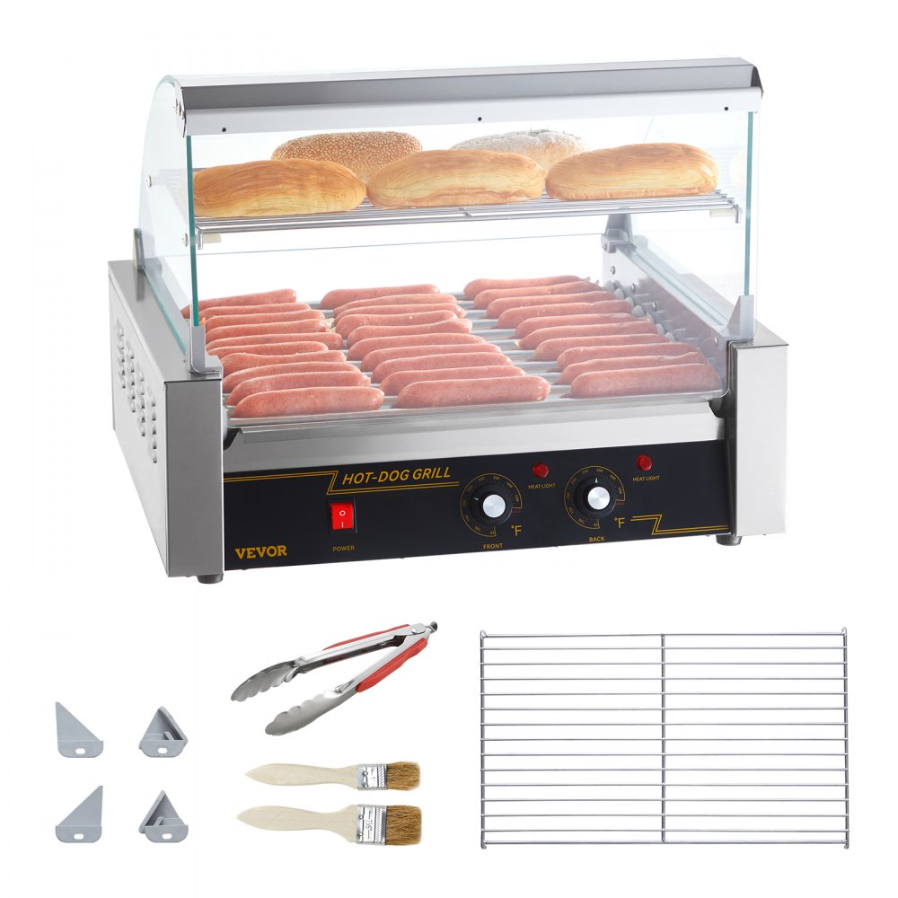 Rodillo para salchichas VEVOR, 11 rodillos, capacidad para 30 salchichas, máquina para cocinar salchichas a la parrilla de acero inoxidable de 1650 W con control de temperatura dual, cubierta de vidrio, estante para calentar panecillos, bandeja de goteo extraíble, certificación ETL