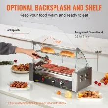 VEVOR Hot Dog Roller 5 Rodillos Capacidad para 12 Hot Dogs, 750W Acero inoxidable Salchicha Parrilla Cocina Máquina con doble control de temperatura Cubierta de vidrio Acrílico Calentador Estante Bandeja de goteo de aceite extraíble Certificado ETL