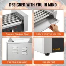 VEVOR Hot Dog Roller 5 Rodillos Capacidad para 12 Hot Dogs, 750W Acero inoxidable Salchicha Parrilla Cocina Máquina con doble control de temperatura Cubierta de vidrio Acrílico Calentador Estante Bandeja de goteo de aceite extraíble Certificado ETL