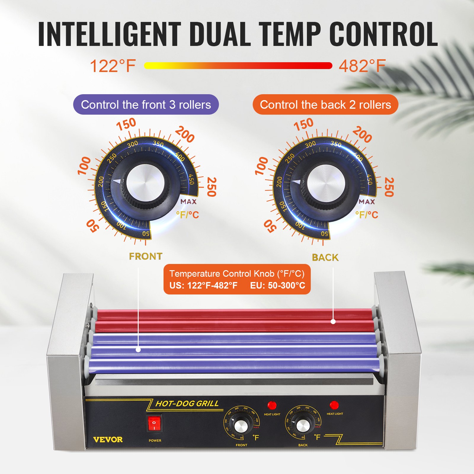 Rodillo para salchichas VEVOR, 5 rodillos, capacidad para 12 salchichas, 750 W, acero inoxidable, control de temperatura dual, campana de vidrio, cubierta acrílica, bandeja calentadora de pan, bandeja de goteo de aceite extraíble, certificación ETL.