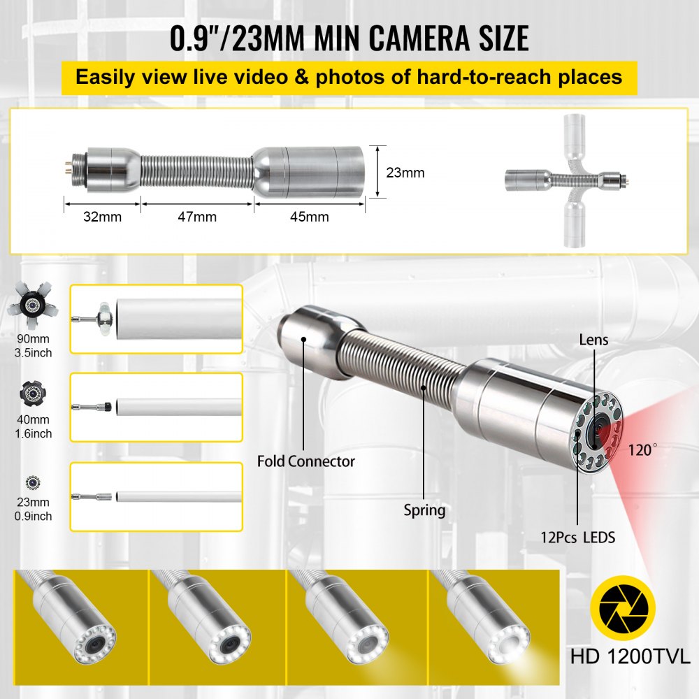 Cámara de alcantarillado VEVOR, 100 pies, cámara de inspección de tuberías de pantalla de 9 pulgadas con función DVR y tarjeta SD de 8 GB, boroscopio IP68 resistente al agua con luces LED, endoscopio industrial para tuberías de drenaje de conductos de pared del hogar