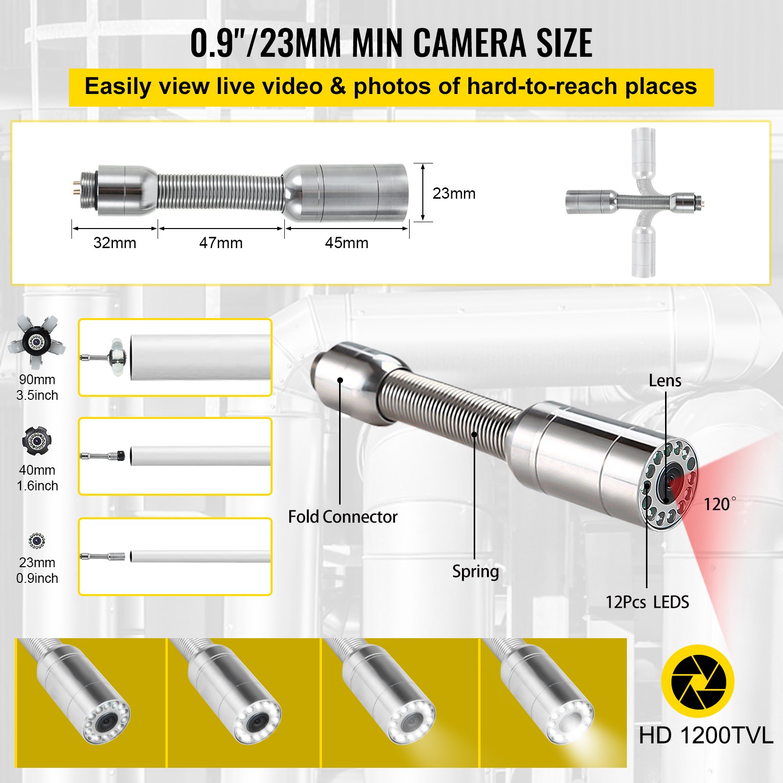 Cámara de alcantarillado VEVOR, 100 pies, cámara de inspección de tuberías de pantalla de 9 pulgadas con función DVR y tarjeta SD de 8 GB, boroscopio IP68 resistente al agua con luces LED, endoscopio industrial para tuberías de drenaje de conductos de pared del hogar