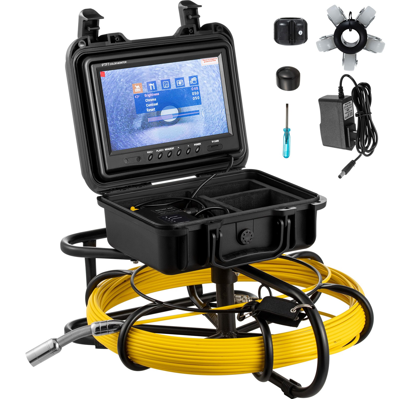 Cámara de alcantarillado VEVOR, 100 pies, cámara de inspección de tuberías de pantalla de 9 pulgadas con función DVR y tarjeta SD de 8 GB, boroscopio IP68 resistente al agua con luces LED, endoscopio industrial para tuberías de drenaje de conductos de pared del hogar