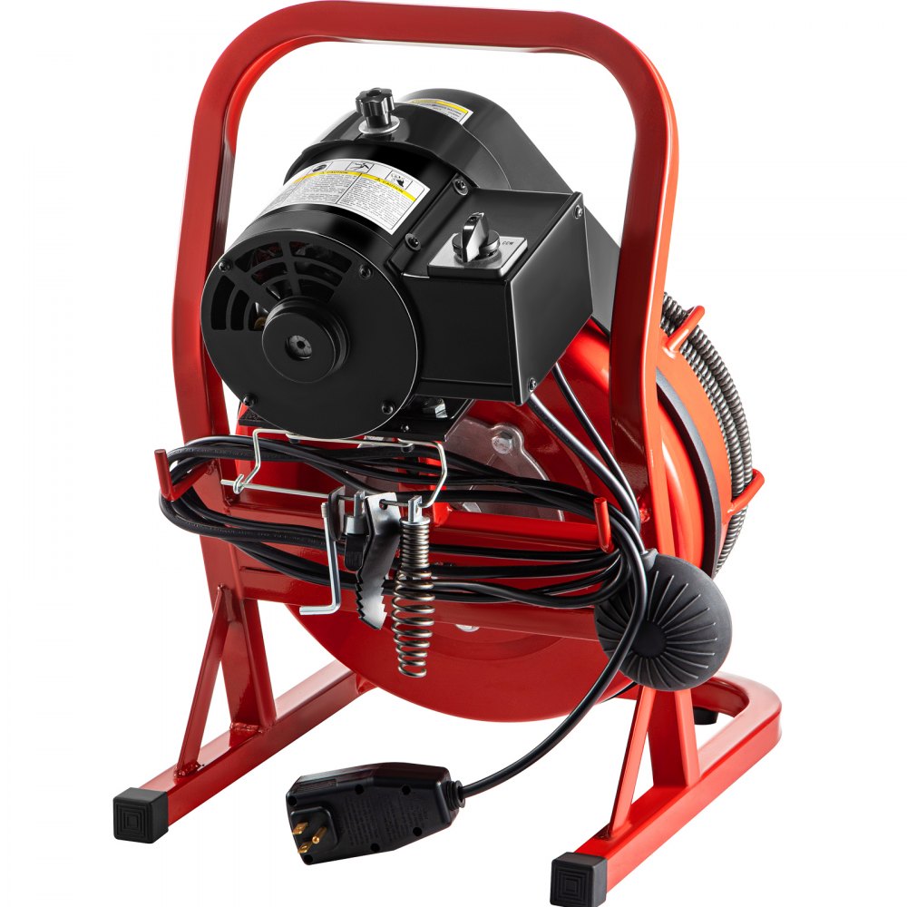 Máquina limpiadora de desagües VEVOR con marco rojo resistente y cable en espiral.