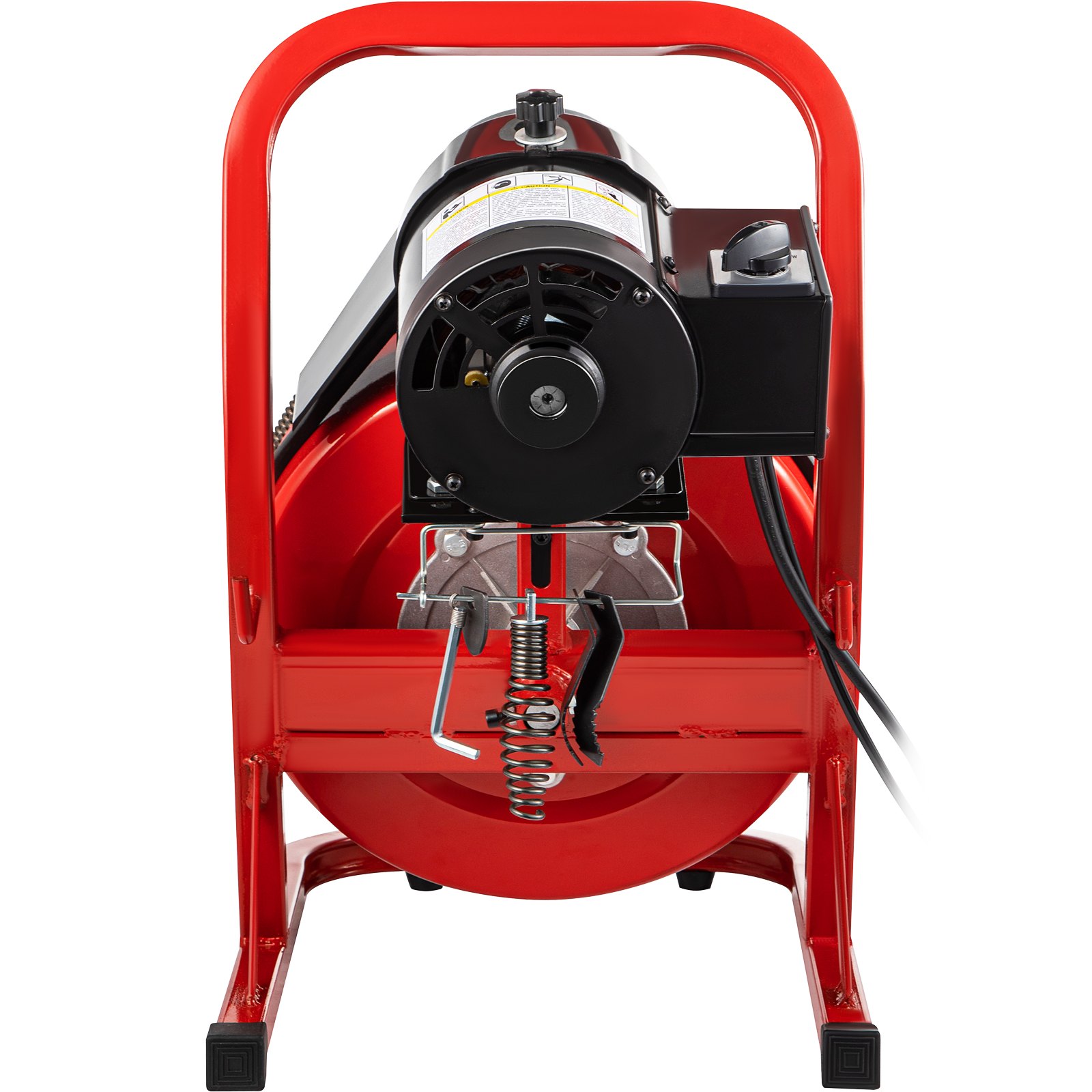 Vista frontal de una máquina limpiadora de desagües VEVOR roja con accesorio de resorte en espiral.