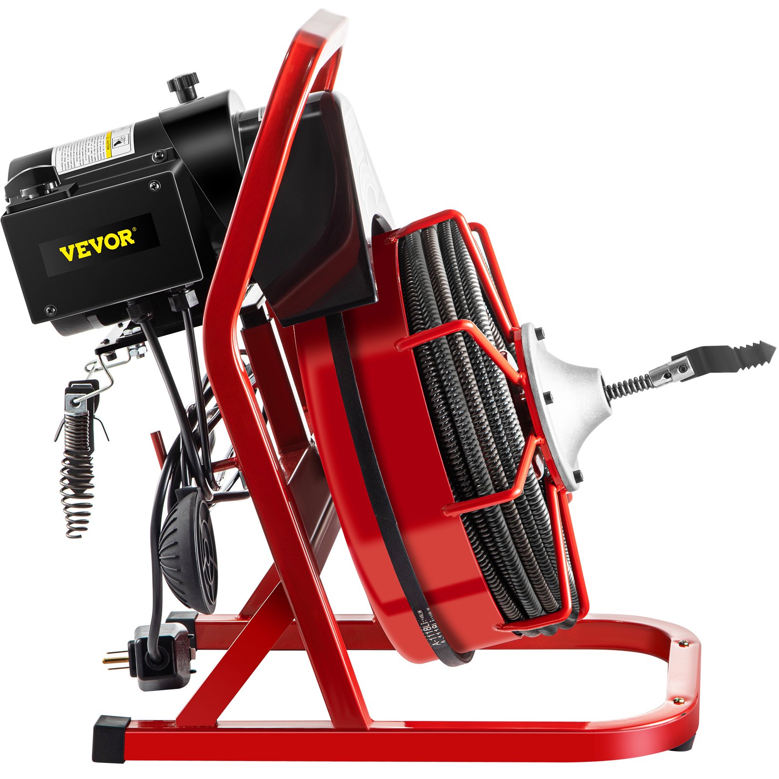 Máquina limpiadora de desagües VEVOR roja y negra con cable en espiral y enchufe de alimentación.