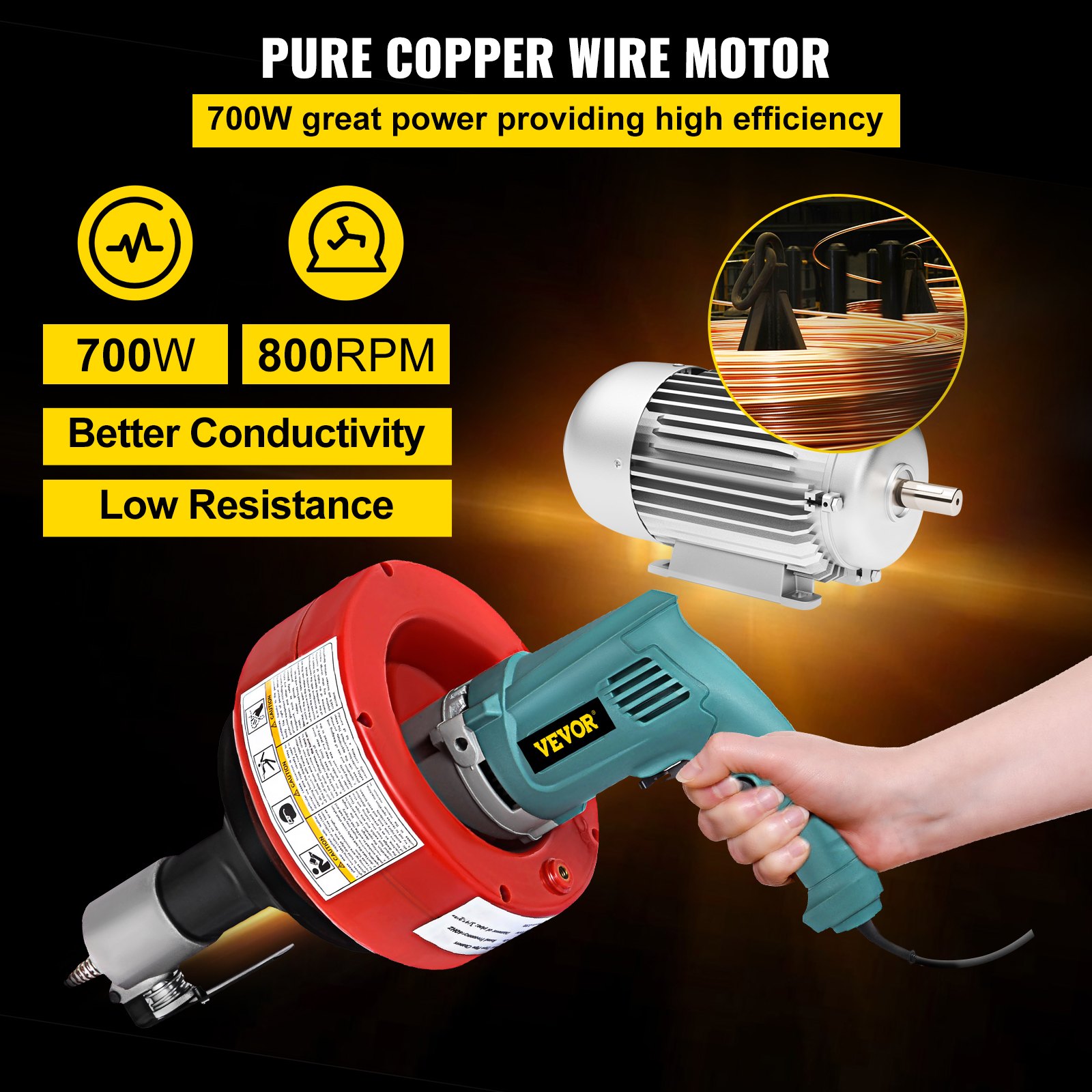 Limpiador de barrena de drenaje eléctrico VEVOR, máquina de serpiente de alcantarillado de cable de 26 pies x 1/3 pulgadas con guantes, herramienta de plomería portátil para desatascar tuberías de 0.8 a 2.6 pulgadas en fregaderos/tinas/inodoros/cocina, 700 W rojo