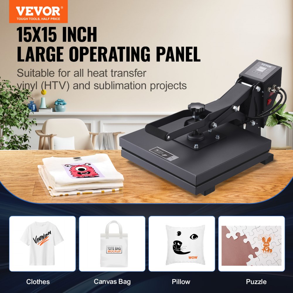 Prensa térmica VEVOR de 15 x 15 pulgadas para htv y sublimación en ropa, bolsos, almohadas, rompecabezas.
