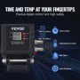 Panel de control digital de prensa térmica VEVOR con configuraciones de tiempo, temperatura y funciones de seguridad.