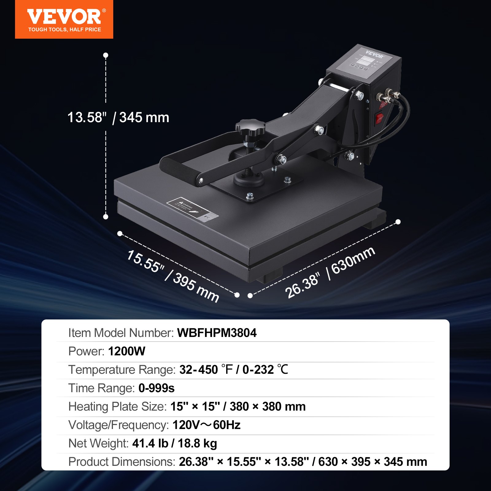 Dimensiones y especificaciones de la prensa térmica VEVOR con una placa calefactora de 15&quot; x 15&quot;.