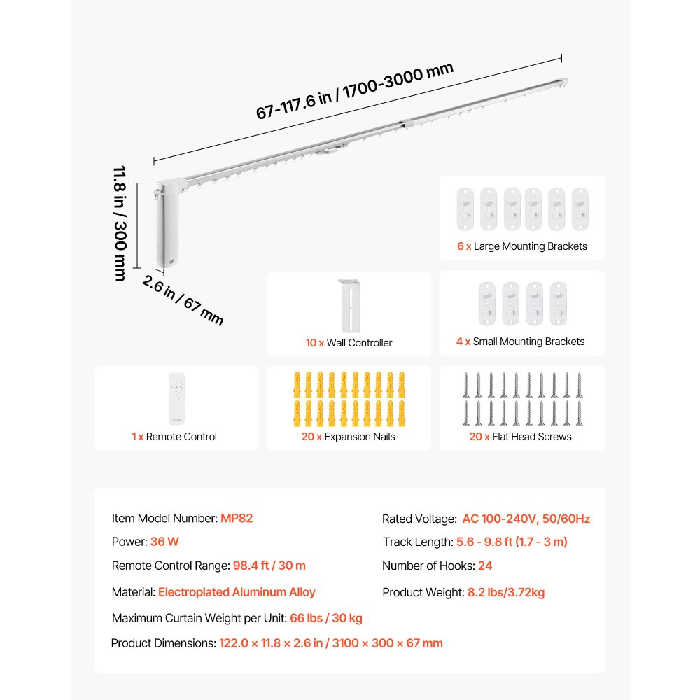 Riel de cortina eléctrico inteligente VEVOR, longitud ajustable de 180 a 290 cm, barra motorizada con control remoto, montaje en techo y pared, sistema de riel de cortina automatizado compatible con Alexa, Google Home y control por aplicación.