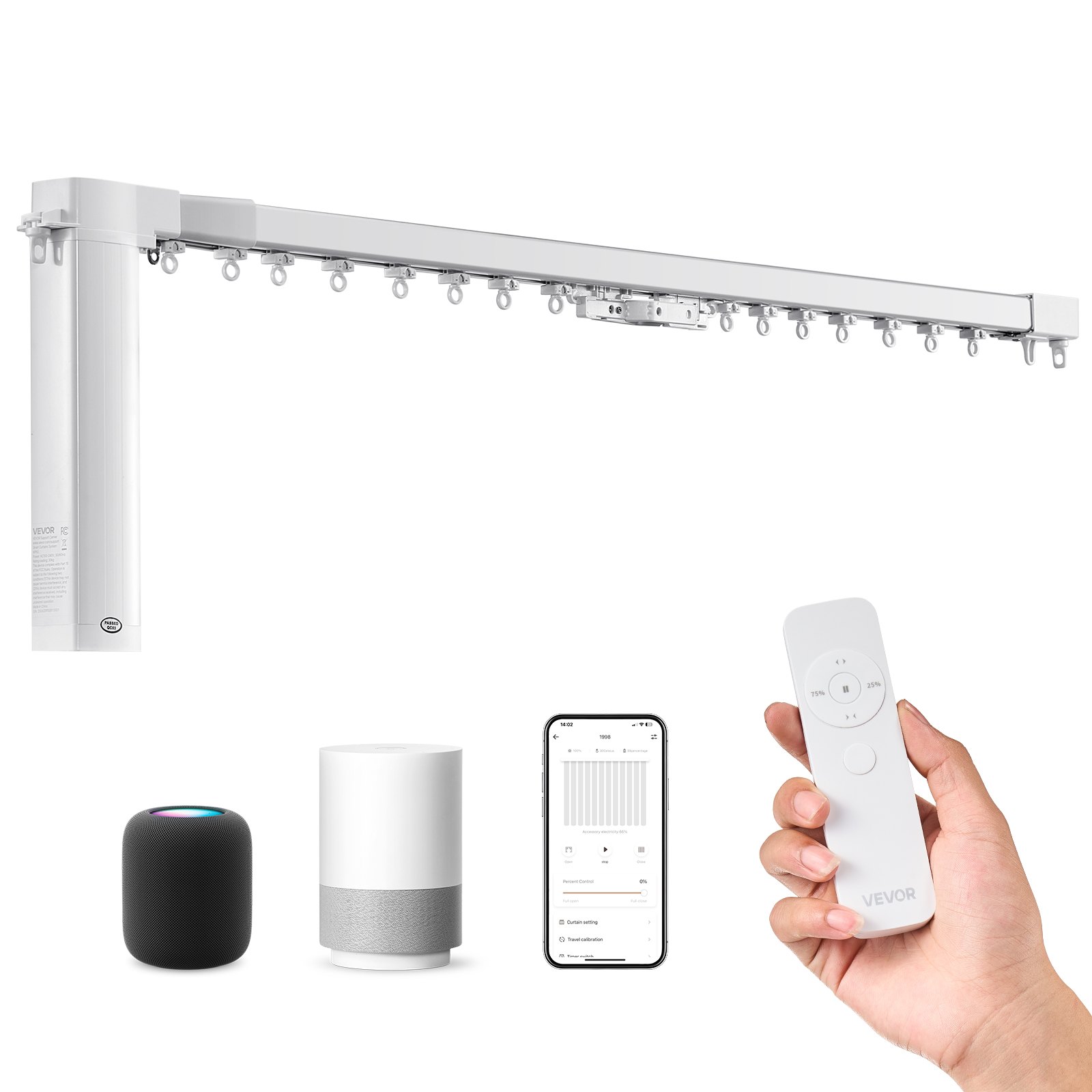 Riel de cortina eléctrico inteligente VEVOR, longitud ajustable de 180 a 290 cm, barra motorizada con control remoto, montaje en techo y pared, sistema de riel de cortina automatizado compatible con Alexa, Google Home y control por aplicación.