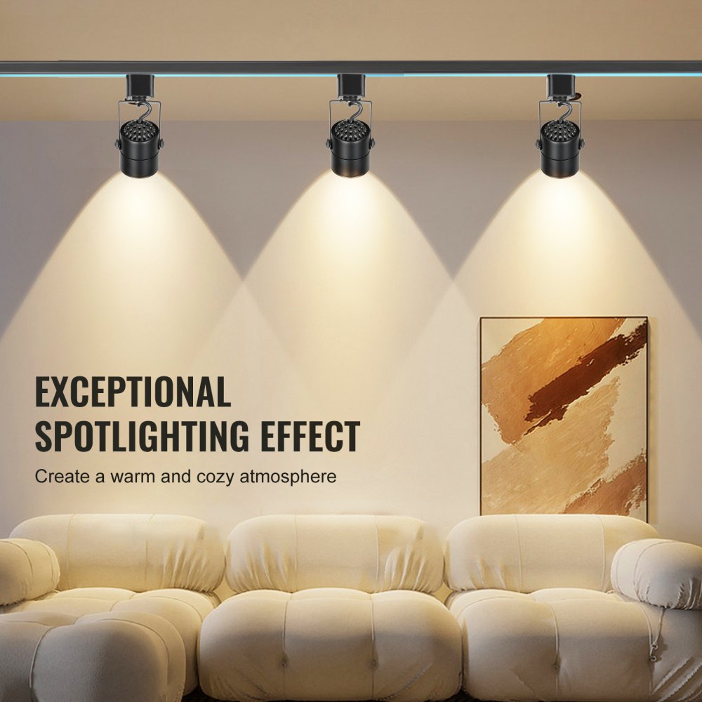 VEVOR 3 PCS Cabezales de Iluminación LED para Riel, 6,5 W, 3000 K, 470 lm, Cabezal de Iluminación Tipo H Regulable, Reproducción de Color Verdadero CRI85+, Ángulo de Inclinación Ajustable, Negro