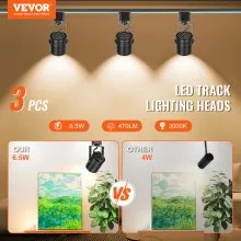 VEVOR Cabezales de iluminación LED para pista, 6,5 W, 3000 K, 470 lm, blanco cálido, cabezal de luz de pista tipo H regulable, CRI85+, reproducción de color verdadero, ángulo de inclinación ajustable, accesorio de iluminación para venta al por menor, paquete de 3, negro