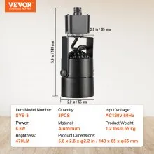 VEVOR Cabezales de iluminación LED para pista, 6,5 W, 3000 K, 470 lm, blanco cálido, cabezal de luz de pista tipo H regulable, CRI85+, reproducción de color verdadero, ángulo de inclinación ajustable, accesorio de iluminación para venta al por menor, paquete de 3, negro