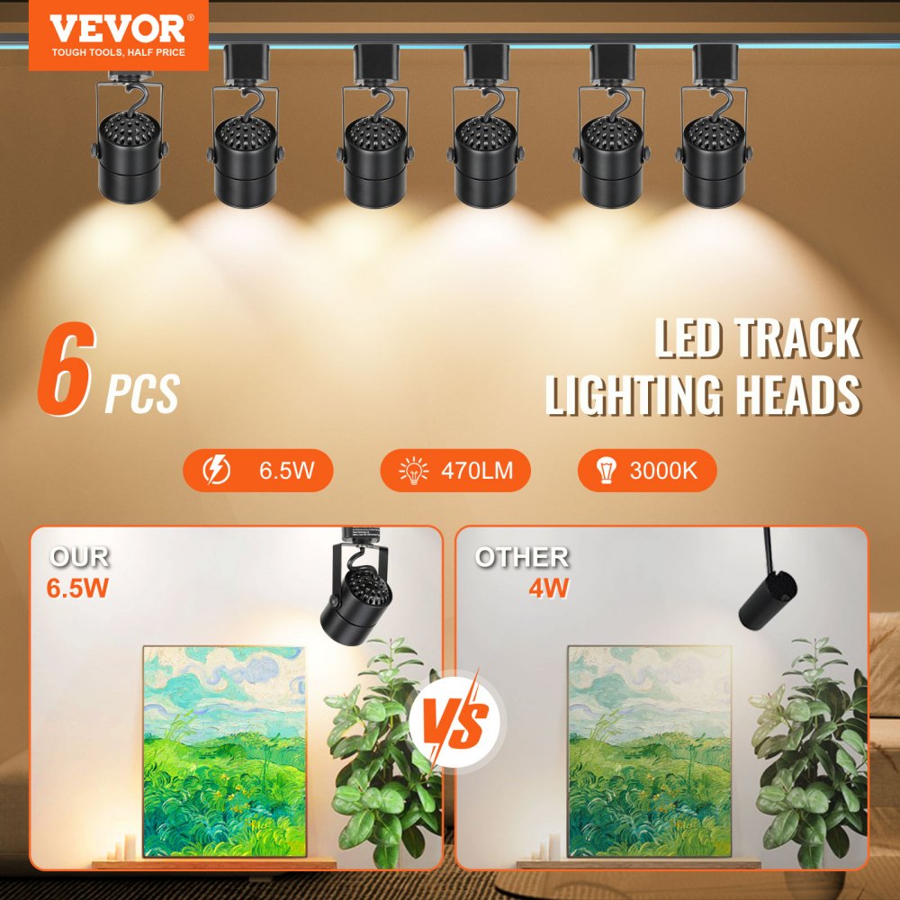 VEVOR 6 PCS Cabezales de Iluminación LED para Riel, 6,5 W, 3000 K, 470 lm, Cabezal de Iluminación Tipo H Regulable, Reproducción de Color Verdadero CRI85+, Ángulo de Inclinación Ajustable, Negro