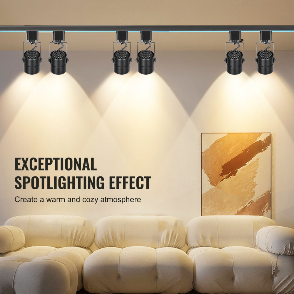 VEVOR 6 PCS Cabezales de Iluminación LED para Riel, 6,5 W, 3000 K, 470 lm, Cabezal de Iluminación Tipo H Regulable, Reproducción de Color Verdadero CRI85+, Ángulo de Inclinación Ajustable, Negro