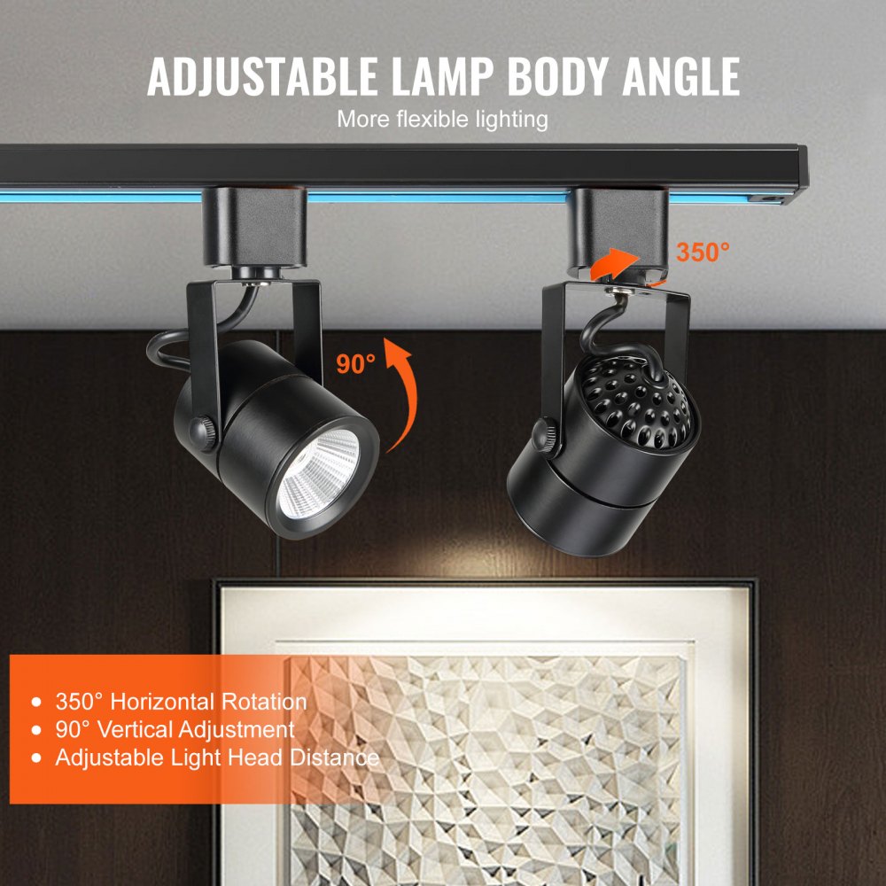 VEVOR 6 PCS Cabezales de Iluminación LED para Riel, 6,5 W, 3000 K, 470 lm, Cabezal de Iluminación Tipo H Regulable, Reproducción de Color Verdadero CRI85+, Ángulo de Inclinación Ajustable, Negro