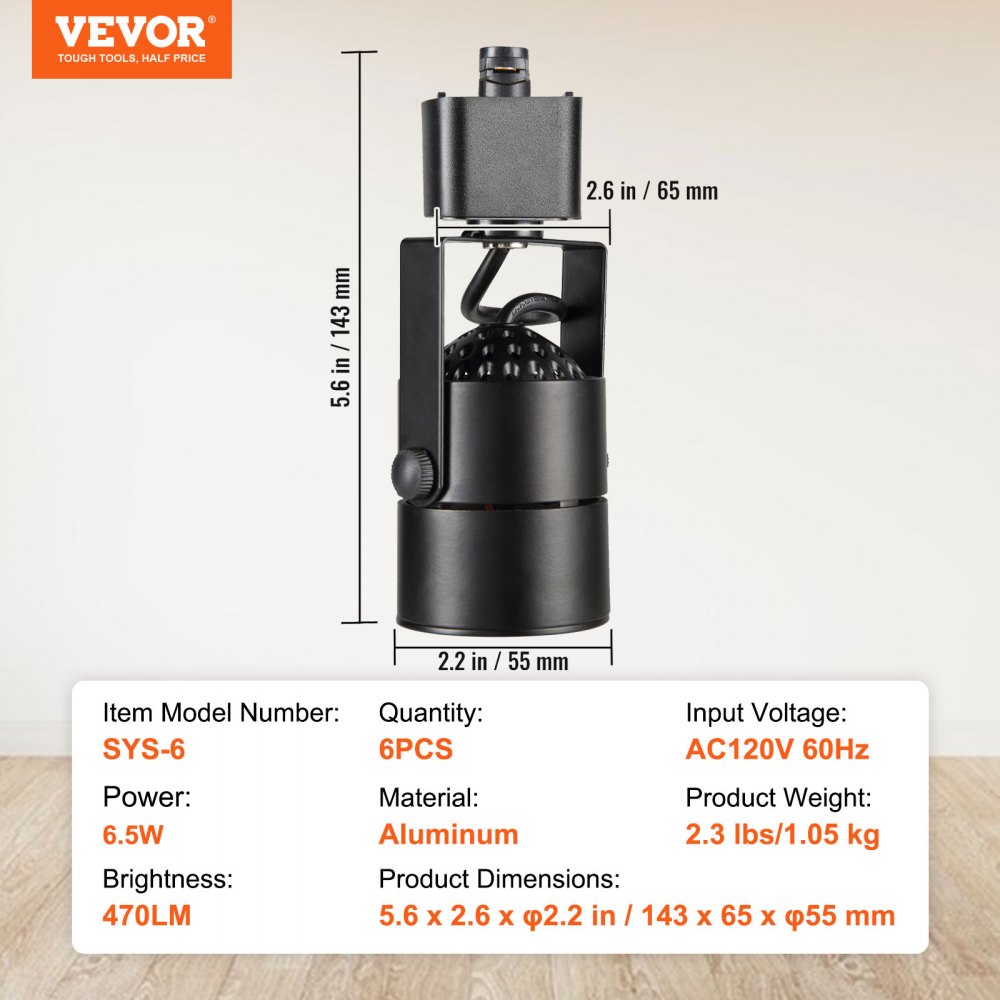 VEVOR 6 PCS Cabezales de Iluminación LED para Riel, 6,5 W, 3000 K, 470 lm, Cabezal de Iluminación Tipo H Regulable, Reproducción de Color Verdadero CRI85+, Ángulo de Inclinación Ajustable, Negro