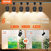 VEVOR Cabezales de iluminación LED para pista, 6,5 W, 3000 K, 470 lm, blanco cálido, cabezal de luz de pista tipo H regulable, CRI85+, reproducción de color verdadero, ángulo de inclinación ajustable, accesorio de iluminación para venta al por menor, paquete de 6, negro