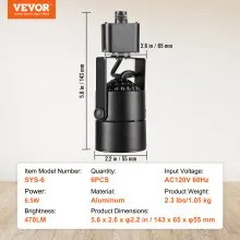 VEVOR Cabezales de iluminación LED para pista, 6,5 W, 3000 K, 470 lm, blanco cálido, cabezal de luz de pista tipo H regulable, CRI85+, reproducción de color verdadero, ángulo de inclinación ajustable, accesorio de iluminación para venta al por menor, paquete de 6, negro