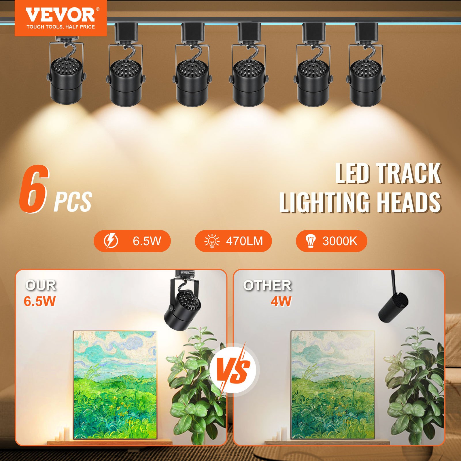 VEVOR 6 PCS Cabezales de Iluminación LED para Riel, 6,5 W, 3000 K, 470 lm, Cabezal de Iluminación Tipo H Regulable, Reproducción de Color Verdadero CRI85+, Ángulo de Inclinación Ajustable, Negro