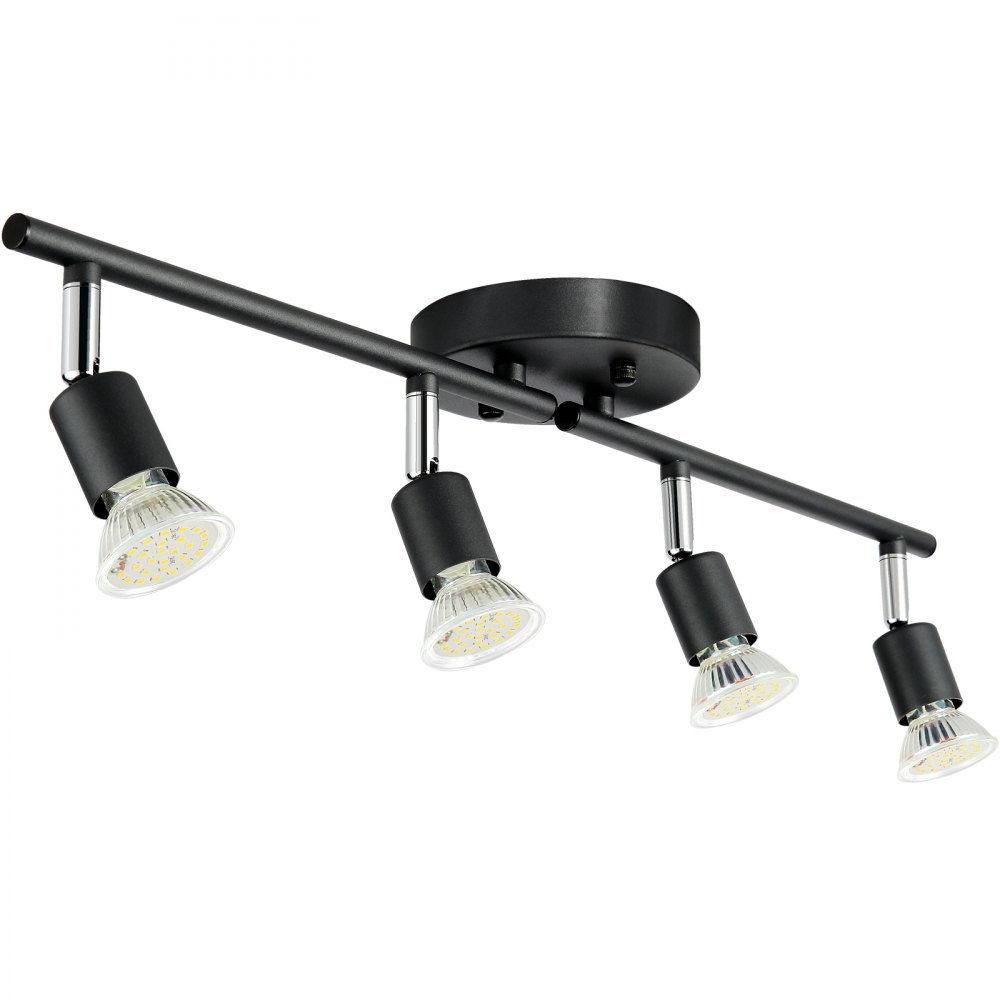 Kit de iluminación de riel LED VEVOR negro con cuatro focos ajustables en un soporte de techo.