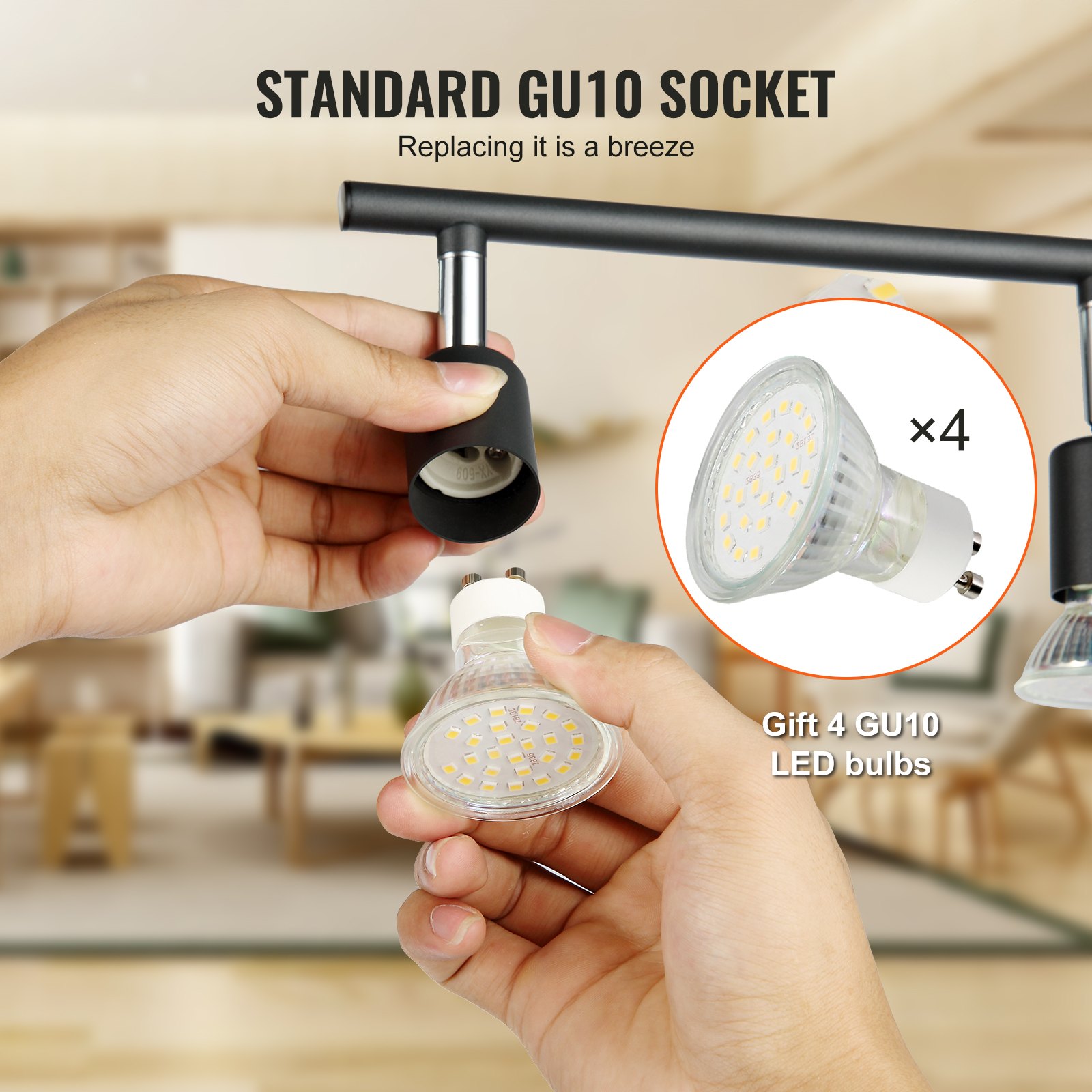 VEVOR Kit de Iluminación LED de 4 Luces, Foco de Techo con Brazos y Cabezales Giratorios, Accesorio de Iluminación de Riel de 24,8", Incluye 4 Bombillas GU10 de 3000 K para Cocinas y Salas de Estar