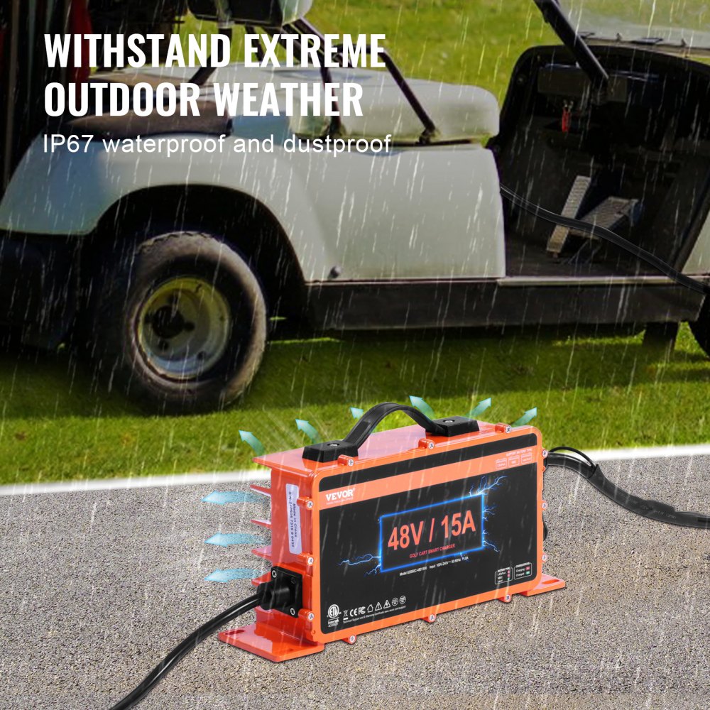 Cargador de batería para carrito de golf VEVOR bajo la lluvia, con capacidades a prueba de agua y polvo IP67.