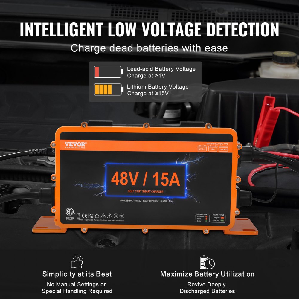 Cargador de batería para carrito de golf VEVOR de 48 V/15 A para motor de automóvil con detección inteligente de bajo voltaje.