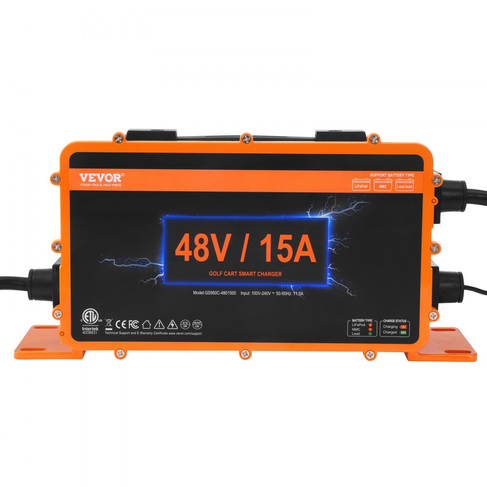 Cargador de batería para carrito de golf VEVOR 48v 15a con indicadores led en carcasa negra y naranja.
