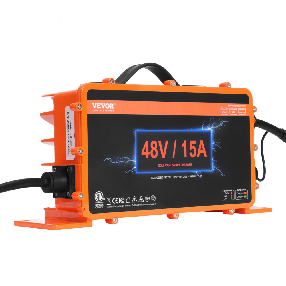 Cargador de batería para carrito de golf VEVOR 48v/15a, diseño naranja y negro, cargador inteligente con cable de alimentación.