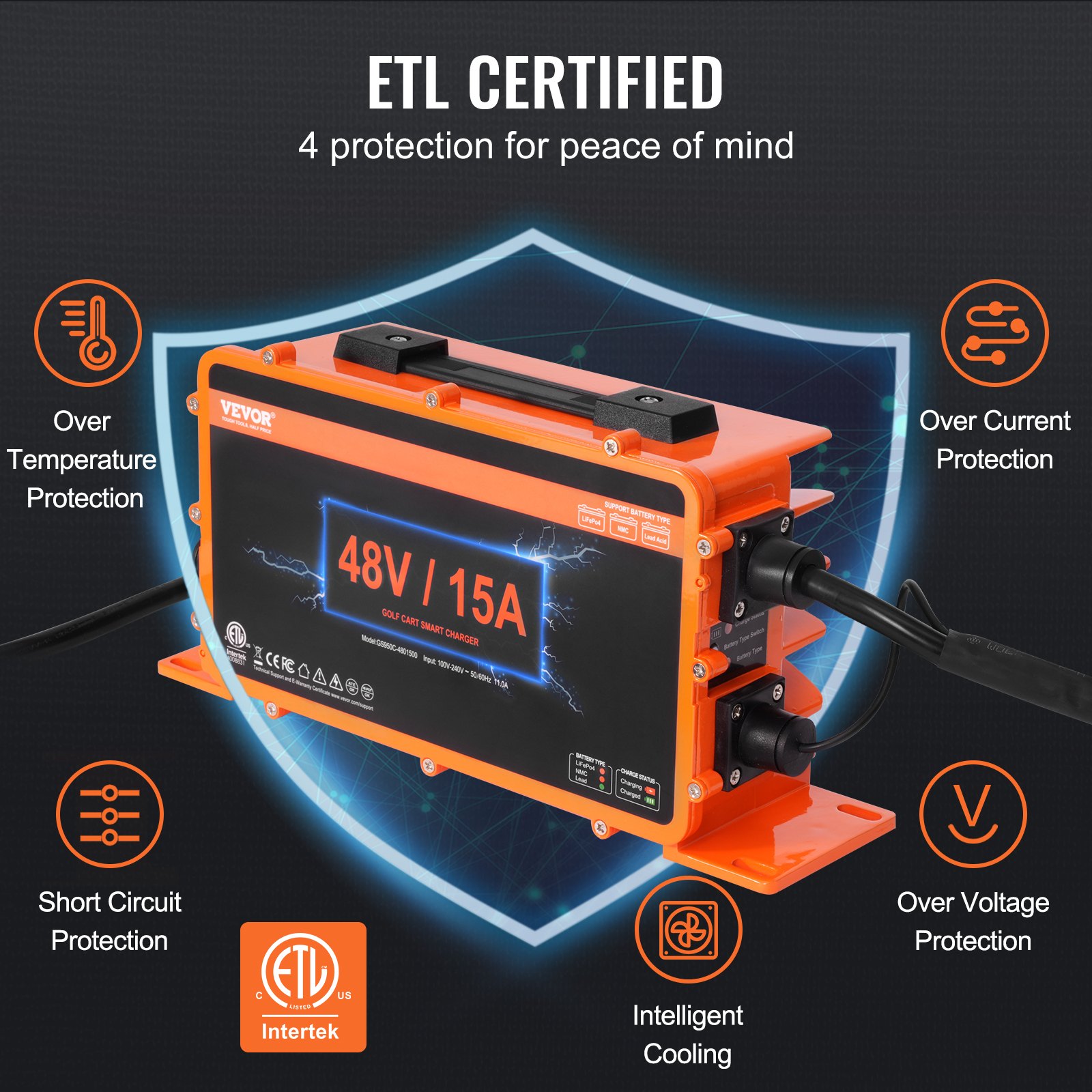 Cargador de batería para carrito de golf VEVOR 48v/15a, certificado etl con 4 protecciones: sobretemperatura, corriente, voltaje y cortocircuito.