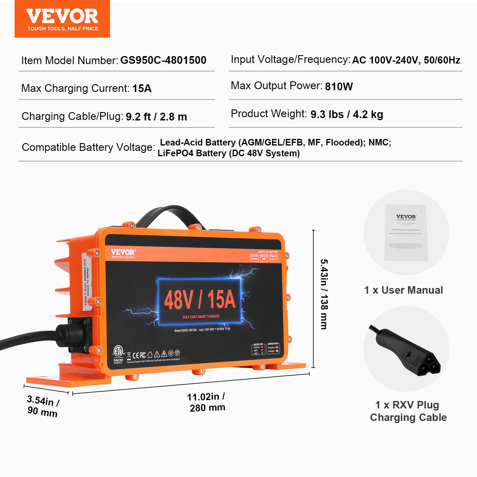 Cargador de batería para carrito de golf VEVOR, 48v/15a, dimensiones y características con manual de usuario y enchufe rxv.